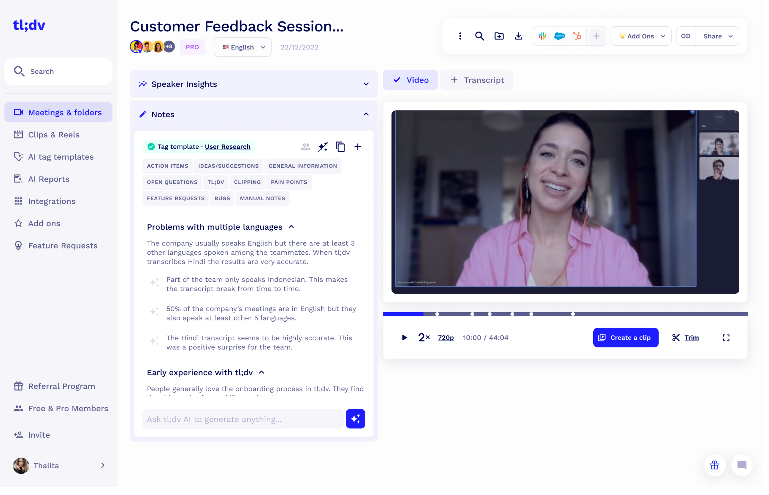 tl;dv AI meeting recorder and multilingual transcript dashboard