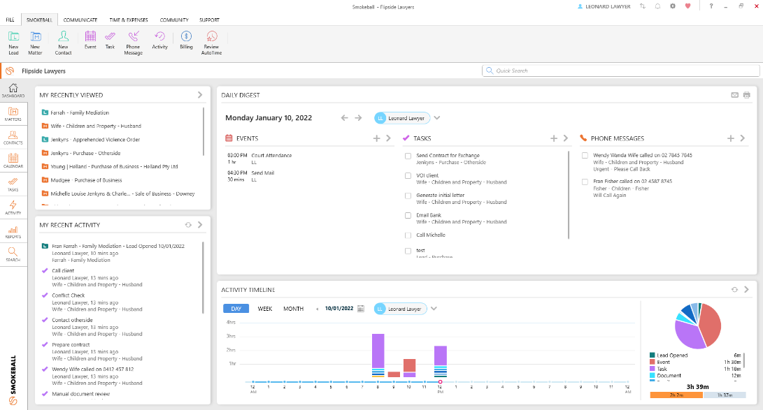 Smokeball legal practice management dashboard with automatic time tracking
