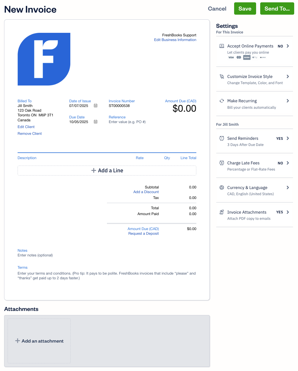 FreshBooks invoice builder showing customizable invoice with client details and payment options