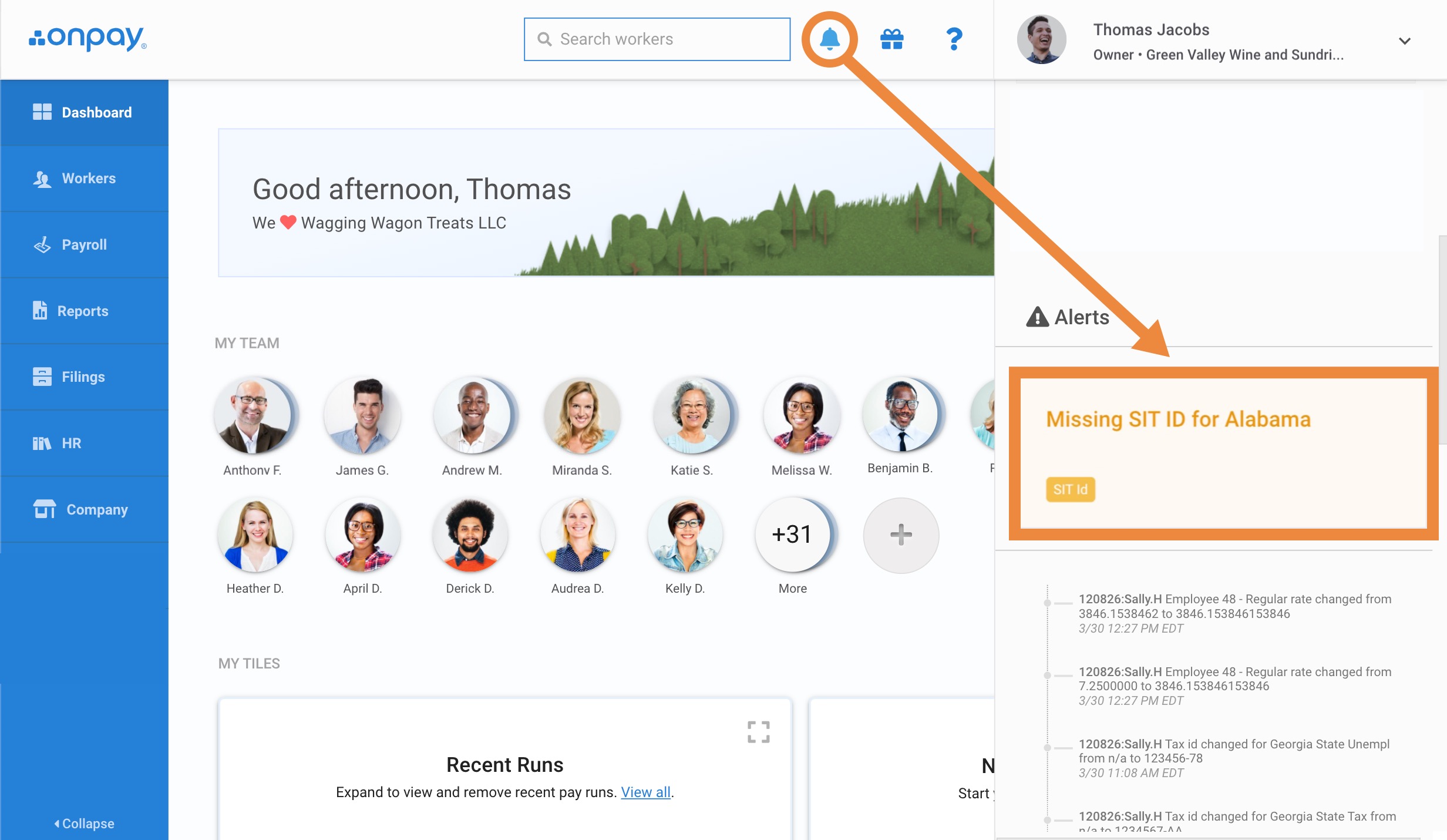 OnPay dashboard showing payroll and HR overview
