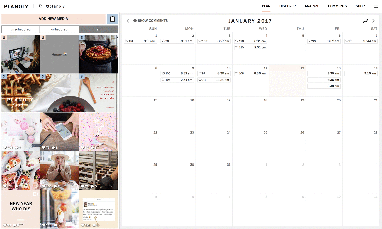 Planoly grid planner showing Instagram feed preview with scheduled real estate posts