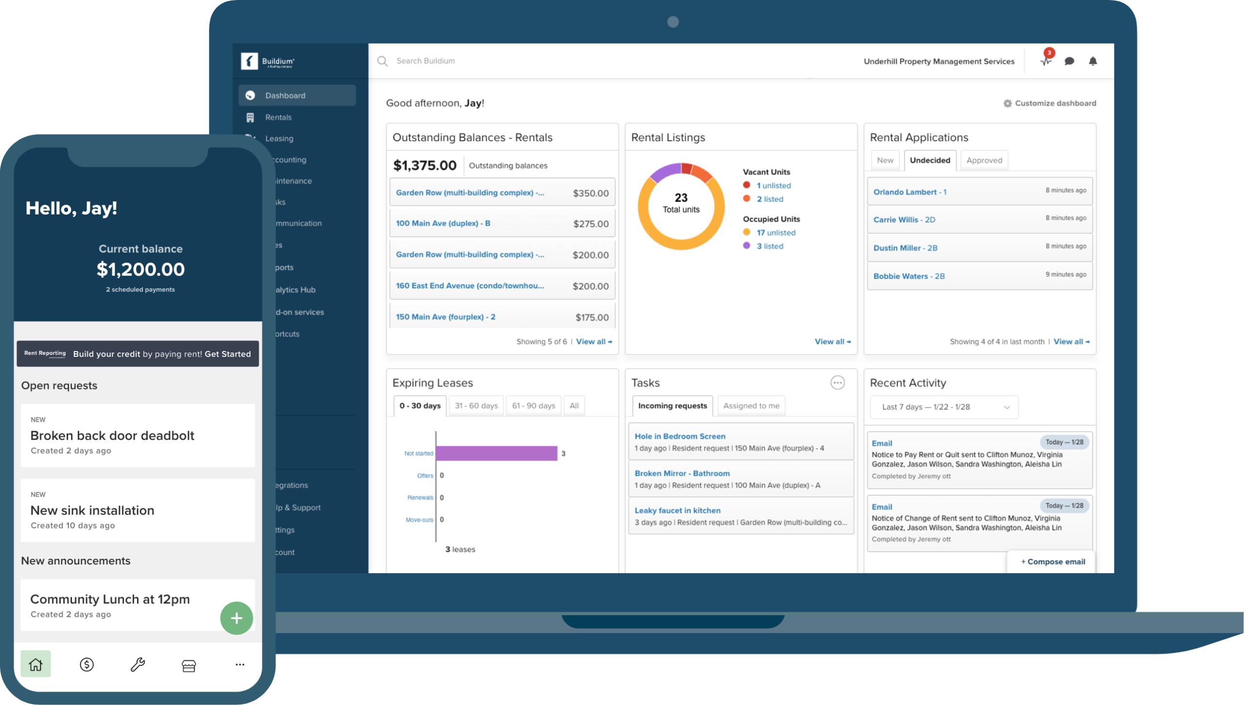 Buildium property management dashboard showing rentals, accounting, and leasing modules