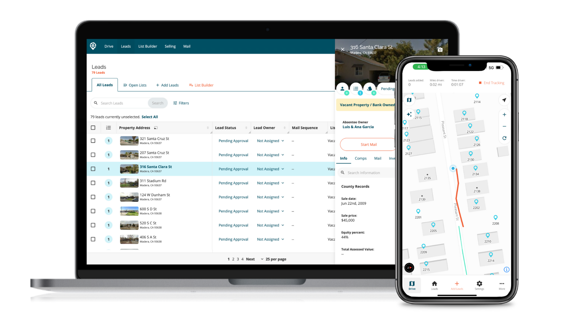 DealMachine mobile app showing driving for dollars route with pinned properties and instant owner data