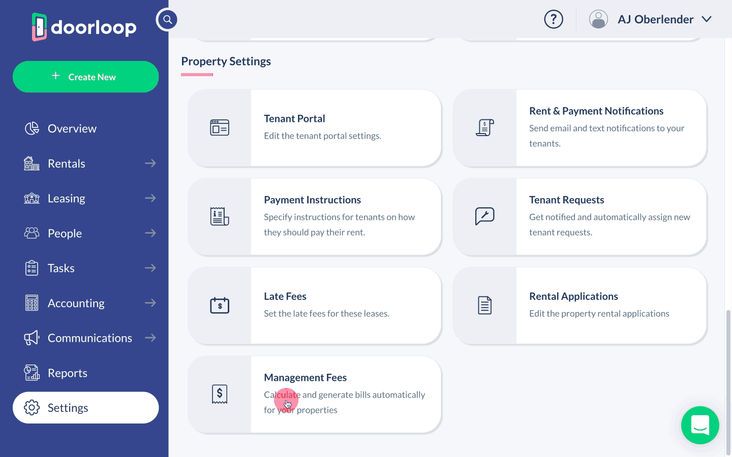 DoorLoop property management dashboard showing rentals, leasing, and accounting modules