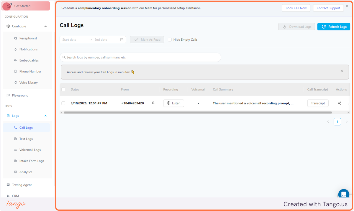 My AI Front Desk dashboard showing AI receptionist call logs and lead capture interface
