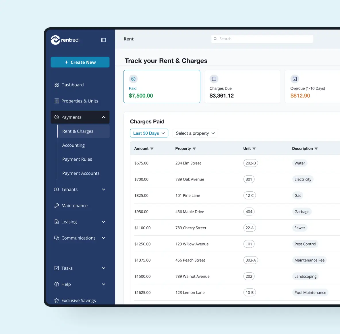 RentRedi landlord dashboard showing rent collection, tenant screening, and maintenance modules
