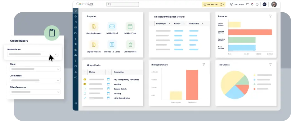 CosmoLex legal practice management dashboard with built-in accounting
