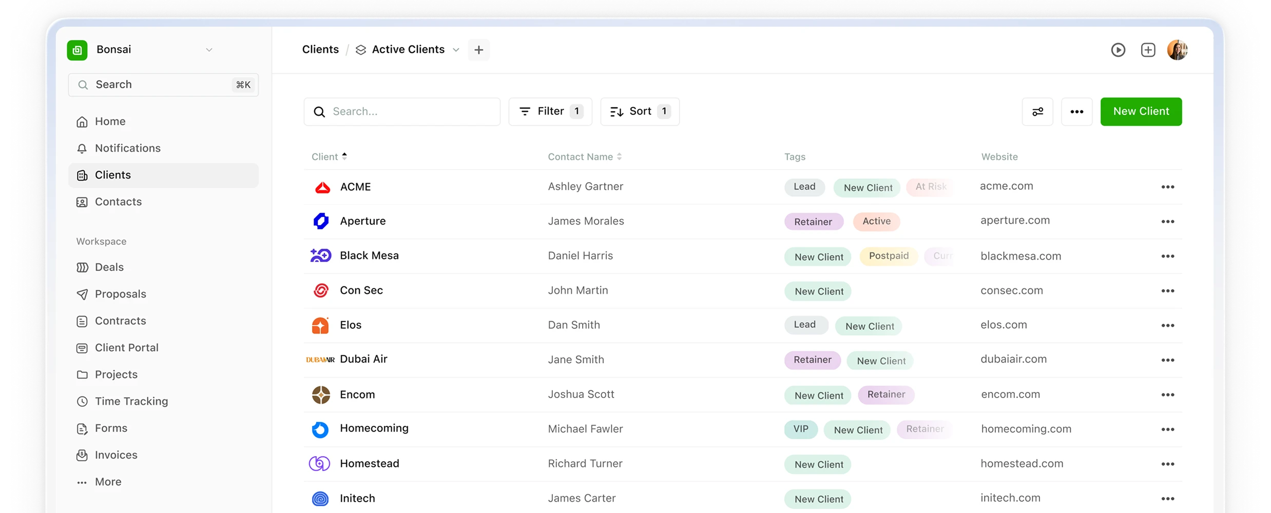 Bonsai freelance business management platform dashboard