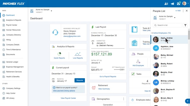 Paychex Flex dashboard showing payroll overview and HR tools