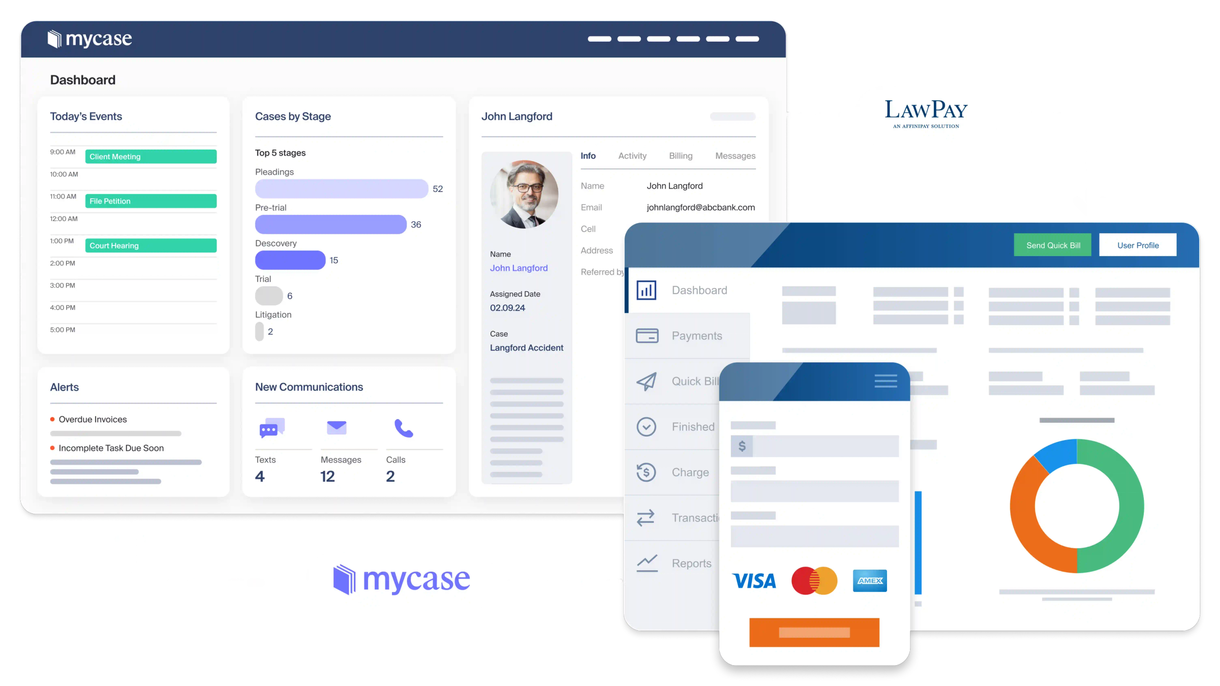 MyCase legal practice management dashboard showing case overview and calendar