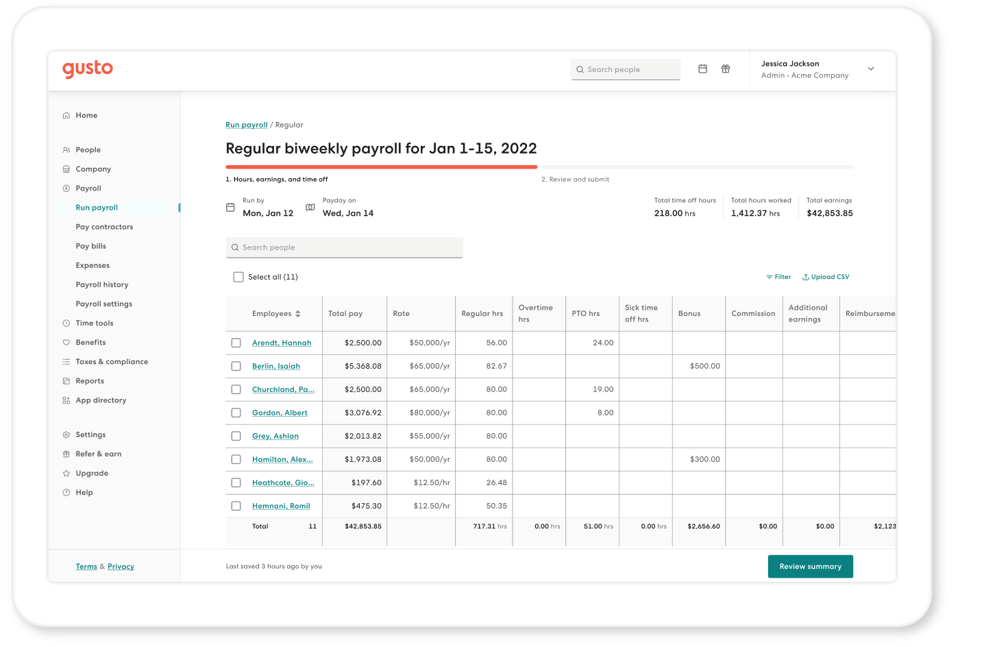 Gusto payroll dashboard showing upcoming payroll schedule and employee overview for small business