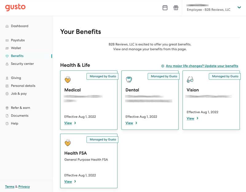 Gusto employee self-service portal showing pay stubs and benefits access