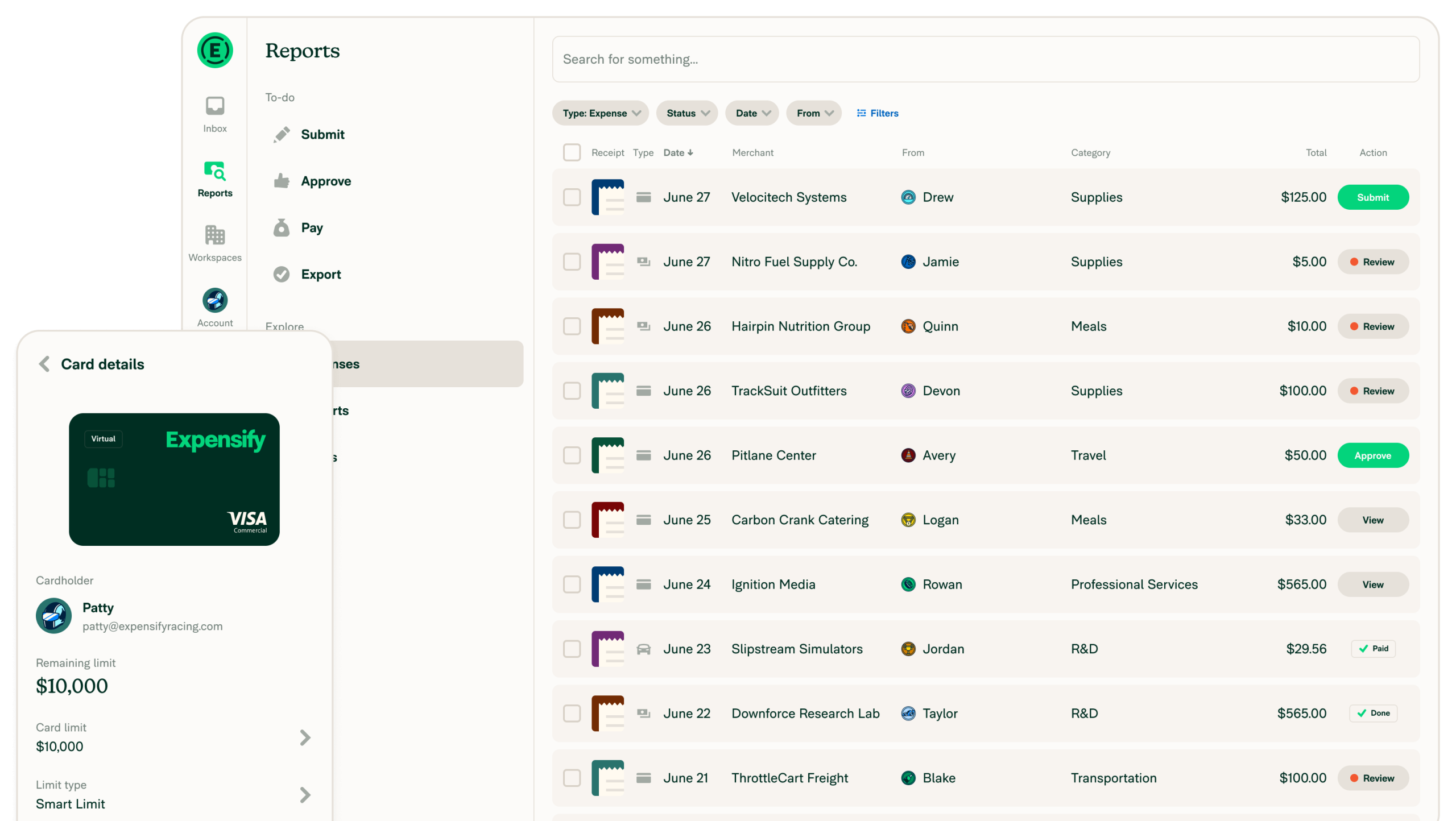 Expensify dashboard showing expense reports and receipt scanning interface