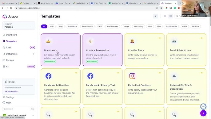 Jasper AI Canvas editor with Brand Voice configuration panel