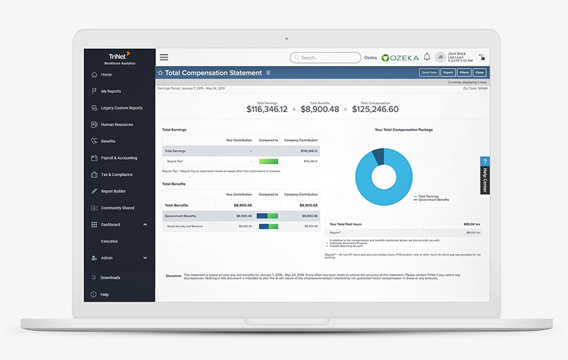 TriNet PEO platform dashboard showing payroll, benefits, and HR tools