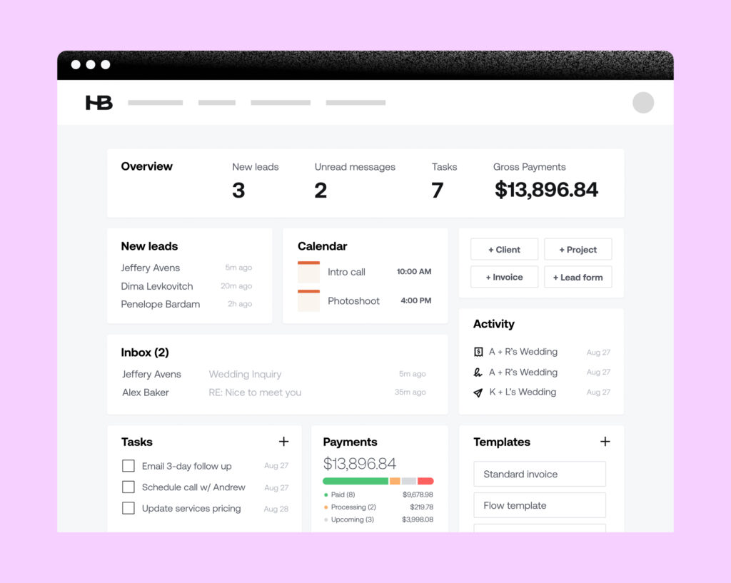 HoneyBook clientflow platform dashboard for service businesses