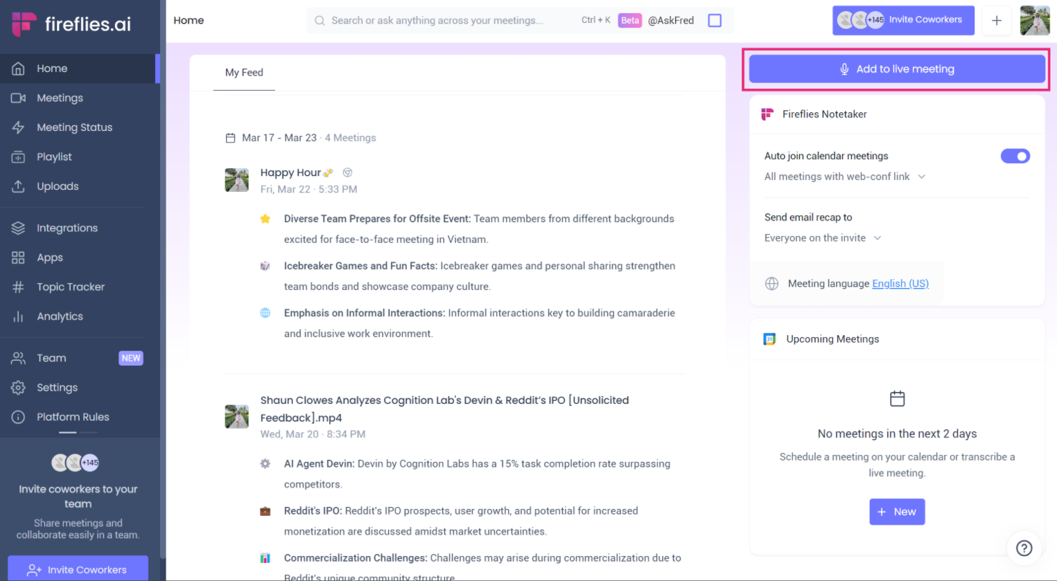 Fireflies.ai meeting transcript and AI summary dashboard