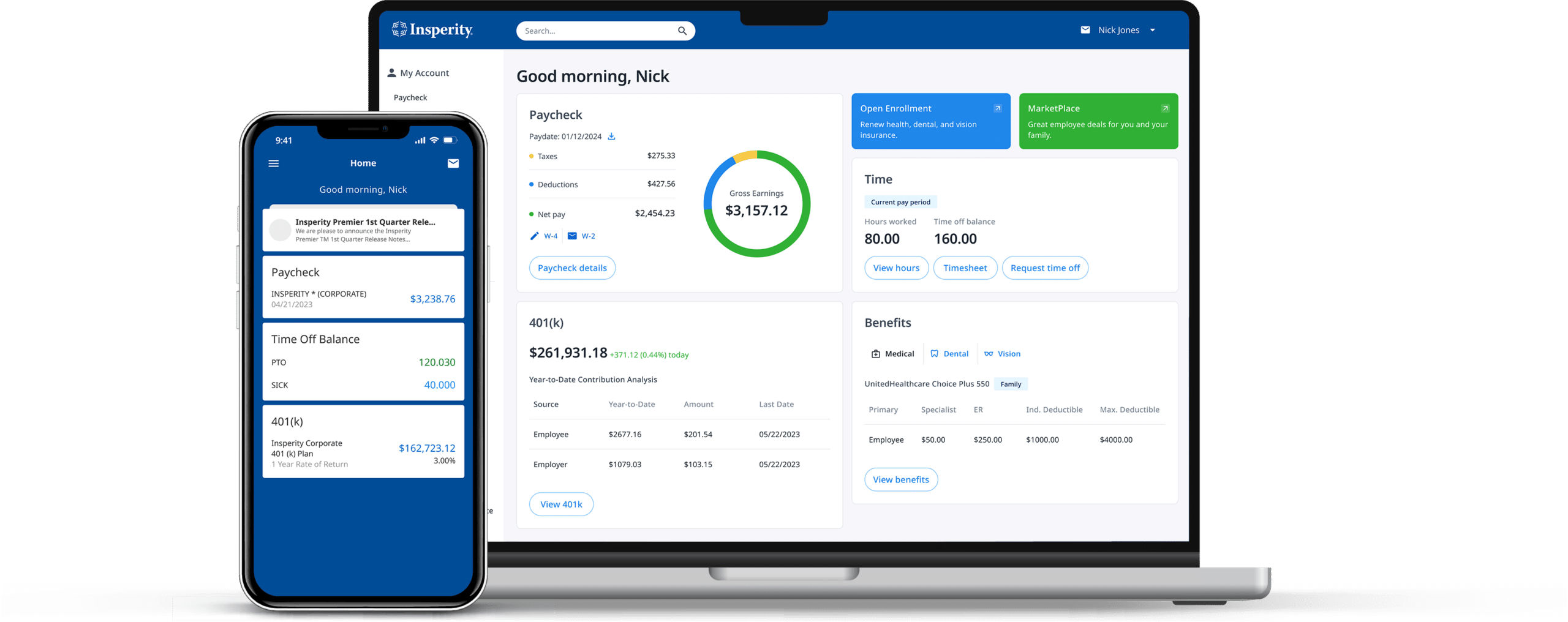 Insperity PEO platform showing payroll, benefits, and HR advisory tools
