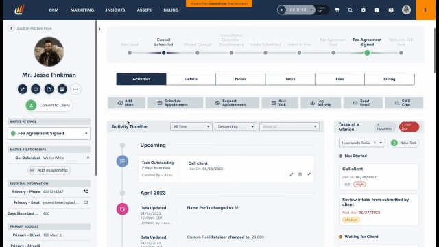Lawmatics legal CRM dashboard showing client intake pipeline and automation workflows