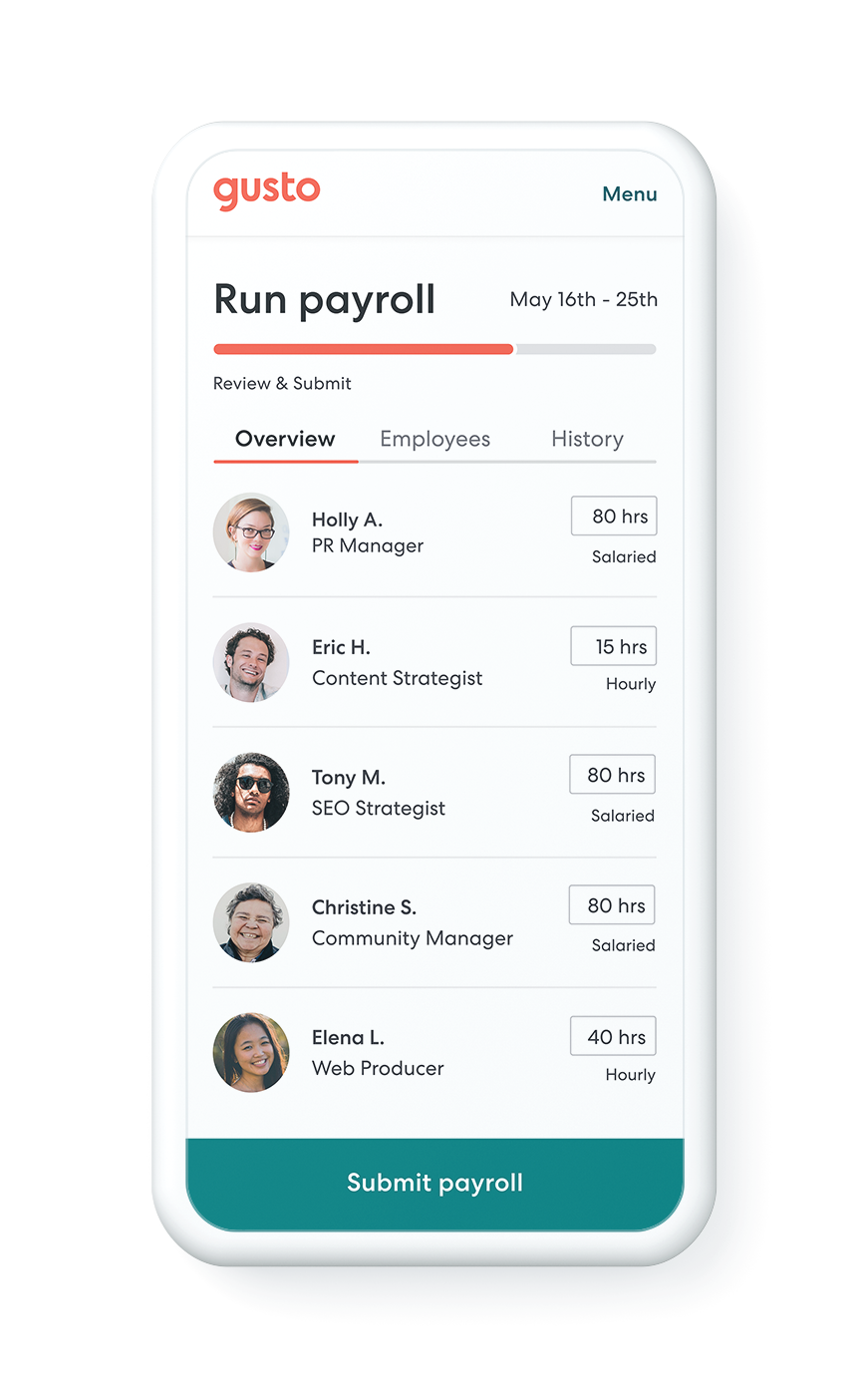 Gusto mobile app showing payroll approval and time-off management on smartphone