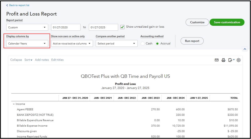 QuickBooks Online profit and loss report with year-over-year comparison and customization options