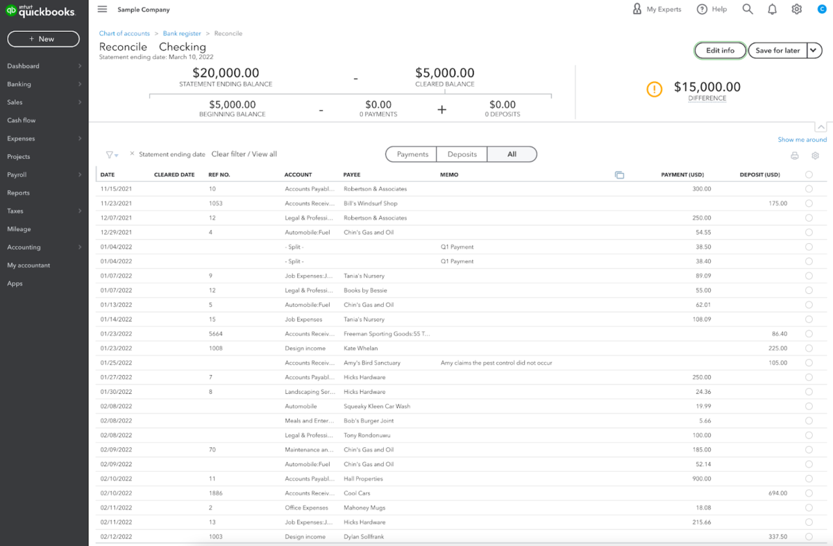 QuickBooks Online bank reconciliation interface with transaction matching and categorization tools