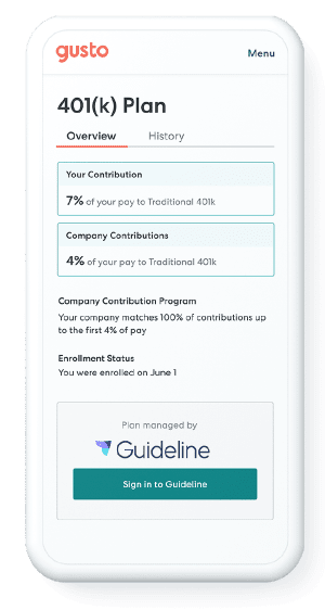Gusto benefits administration screen showing health insurance and 401k setup options