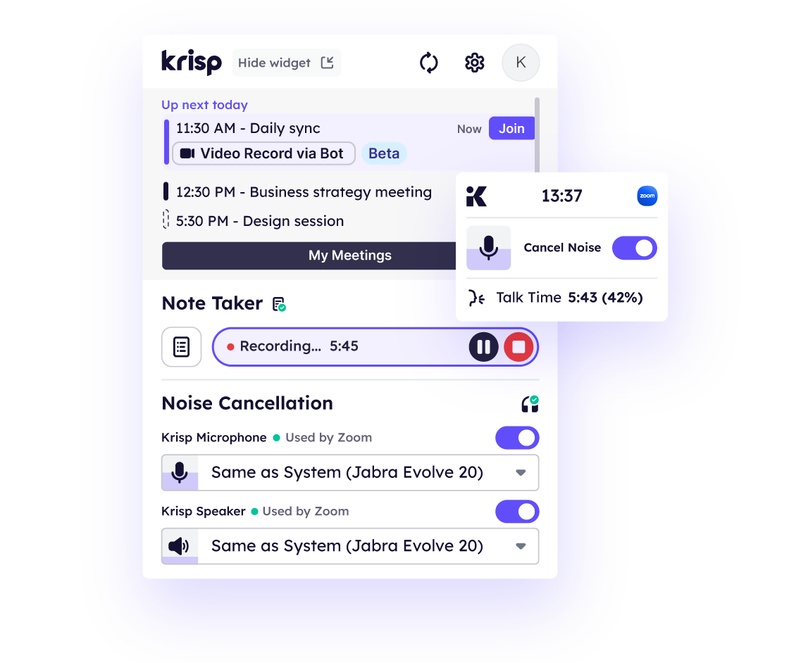 Krisp desktop app interface showing noise cancellation controls and active meeting recording status.