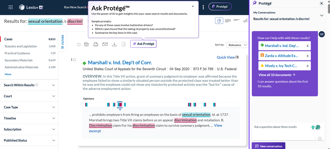 Lexis+ with Protégé conversational AI workflow interface for legal research and drafting