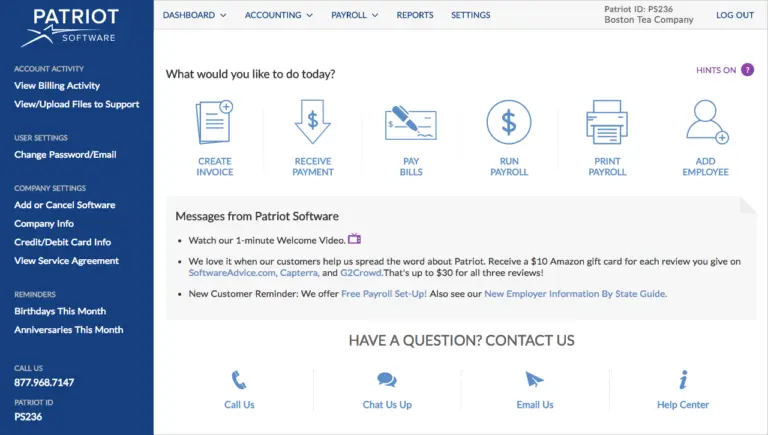 Patriot Payroll dashboard showing the three-step payroll process