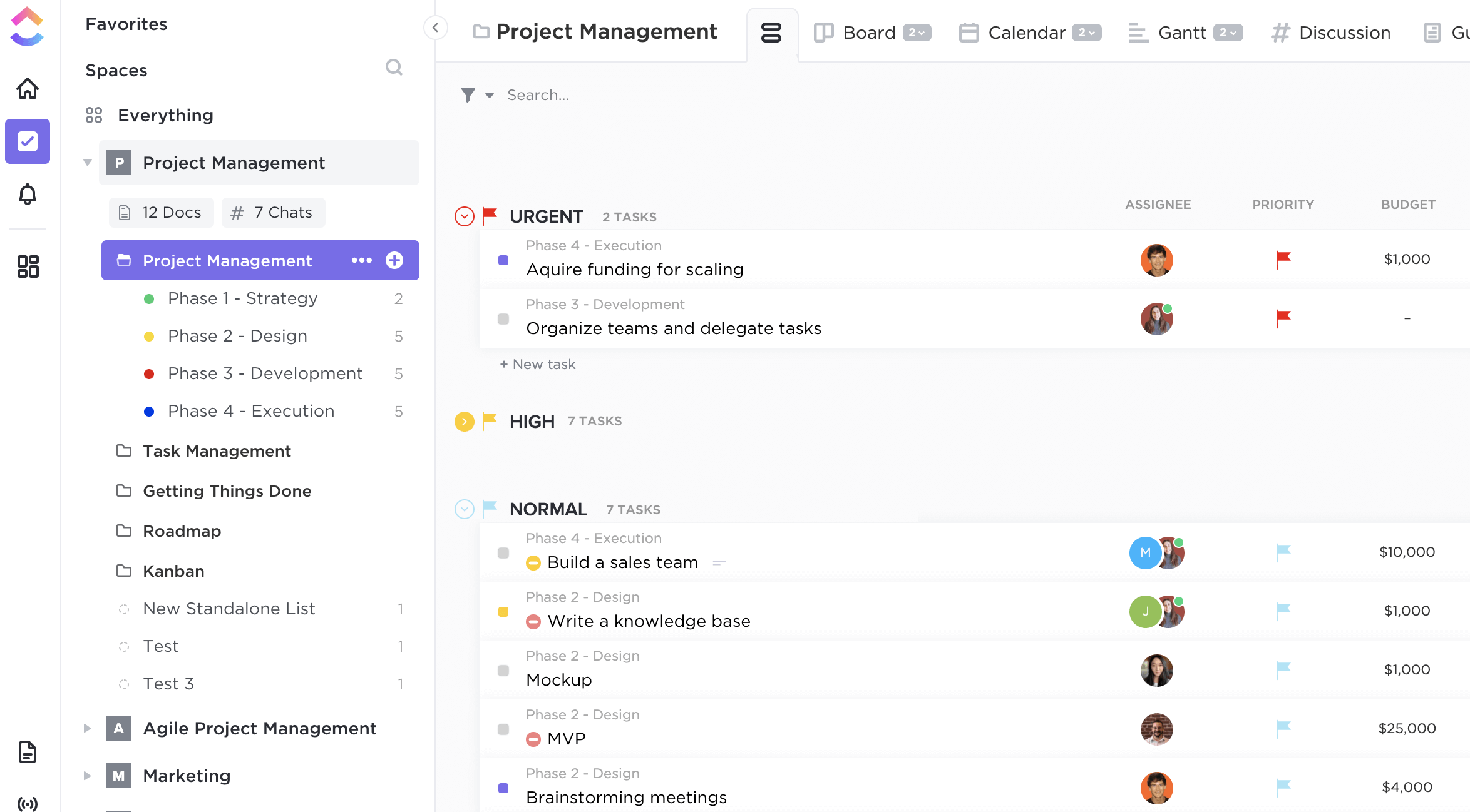 ClickUp workspace with task list, board view, and AI assistant interface